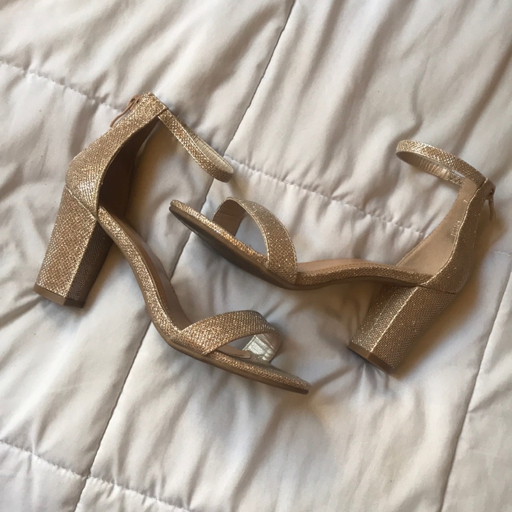 GOLD glitter strap heels, Size 7